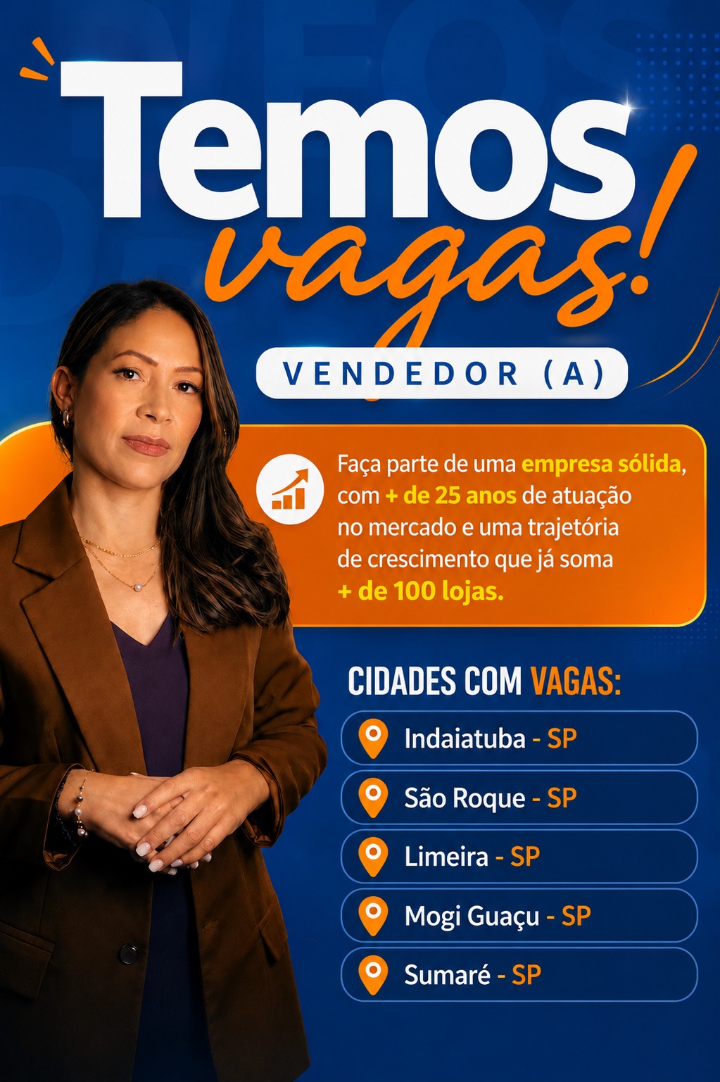 Arte de divulgação de vagas para vendedor em cidades de São Paulo